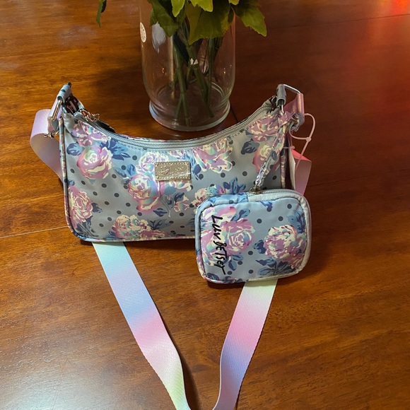 BETSEY JOHNSON GREY /PURPLE FLORAL ROSES CROSSBODY WITH POUCH - Picture 2 of 6